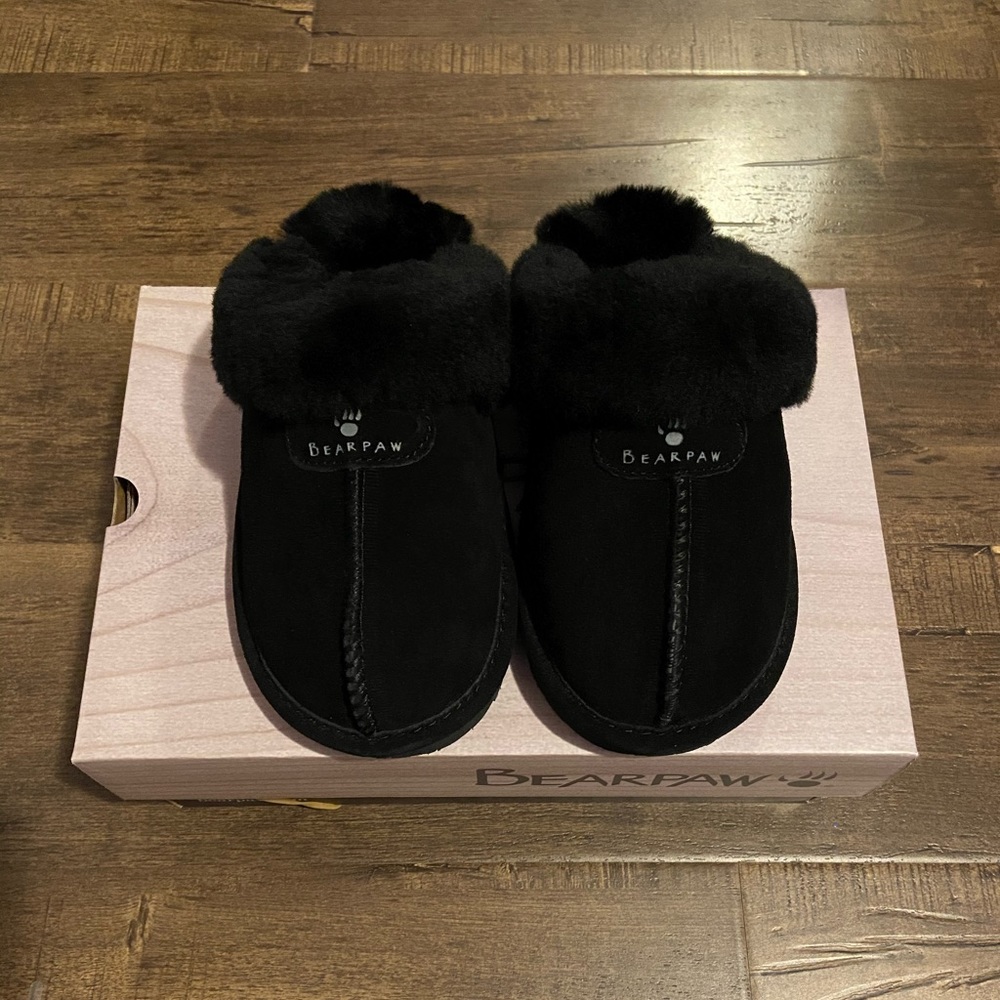 BEARPAW Slippers Loki II Sheepskin Fur Lined Black, Size 5 - Picture 2 of 8